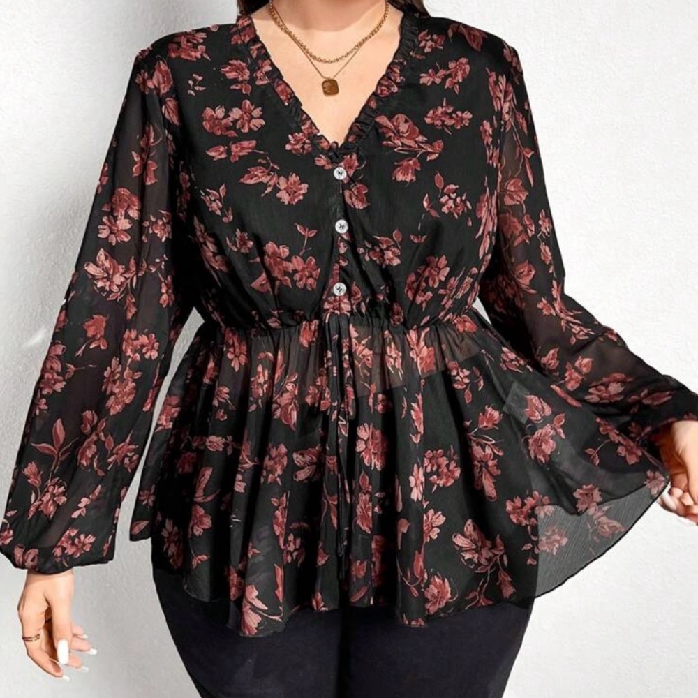 SHEIN Black and Pink Peplum Blouse with V-Neck and Long Sleeves